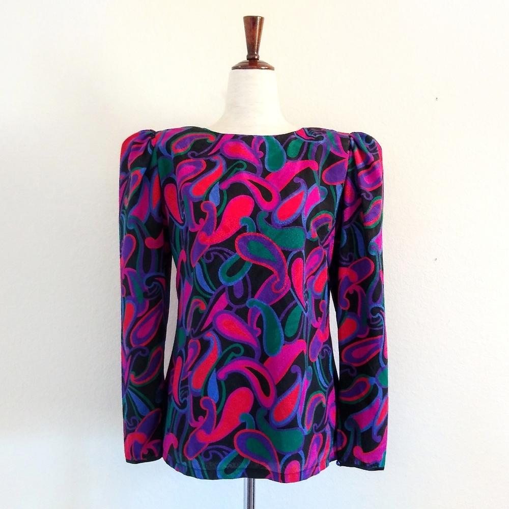 80s Vintage Maggie Shepherd Blouse Paisley Print Puff Sleeve